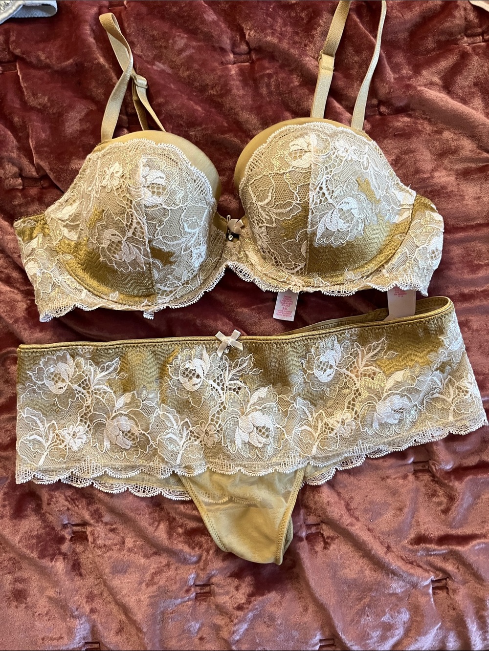 Victoria's Secret Gold and White Lace Underwire Bra & Brief Set